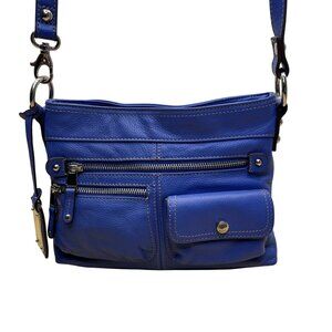 Tignanello Women’s Blue Leather Zip Front Pocket Adjustable Strap Shoulder Bag